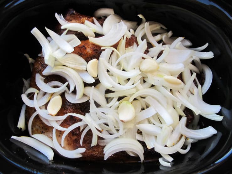 Savory Slow Cooker Brisket - Recipe with Video. Brisket Recipe with Onion, Garlic and Spices Made in the Crock Pot. Kosher for Passover.