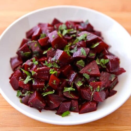 Roasted Beet Salad with Mint - Salad made with roasted beets, balsamic vinegar, olive oil, cumin, sugar, salt and fresh chopped mint. Healthy, vegan, gluten free, kosher.