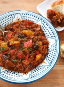 Mooshi’s Cooked Eggplant Salad - Healthy vegan cooked salad recipe from Israel with eggplant, peppers and tomato sauce. Kosher, Pareve, vegetarian, diet friendly, gluten free.