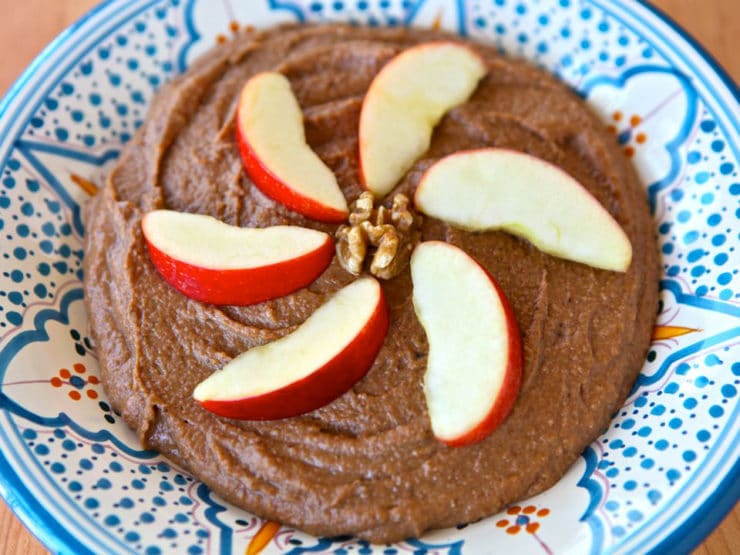 Ashkephardic Charoset - Charoset pureed with dates, apples, walnuts, raisins, banana, sweet wine, cinnamon. Blending of Ashkenazi, Sephardic traditions. Kosher, Pesach