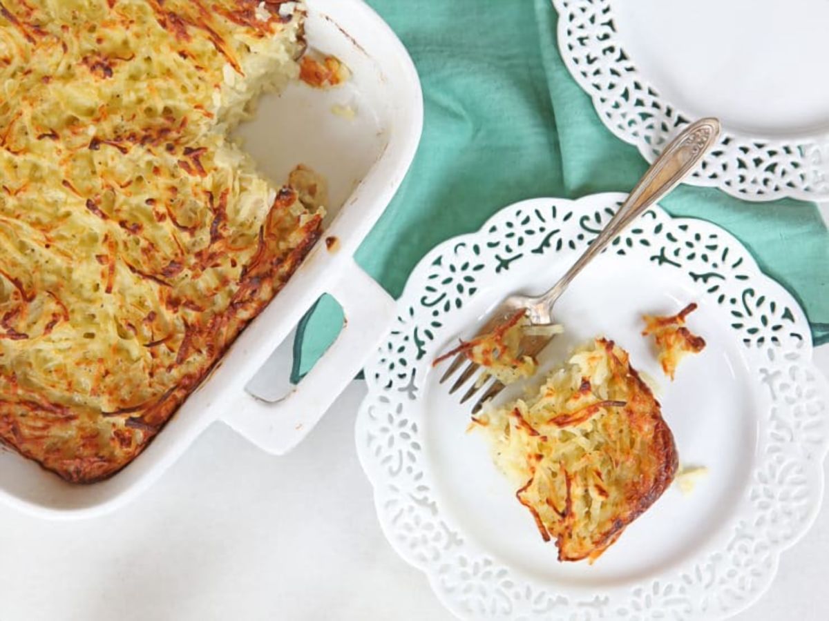 Passover Potato Kugel - Easy, delicious recipe for potato kugel. Crispy and golden on the outside, fluffy on the inside. Kosher for Passover.