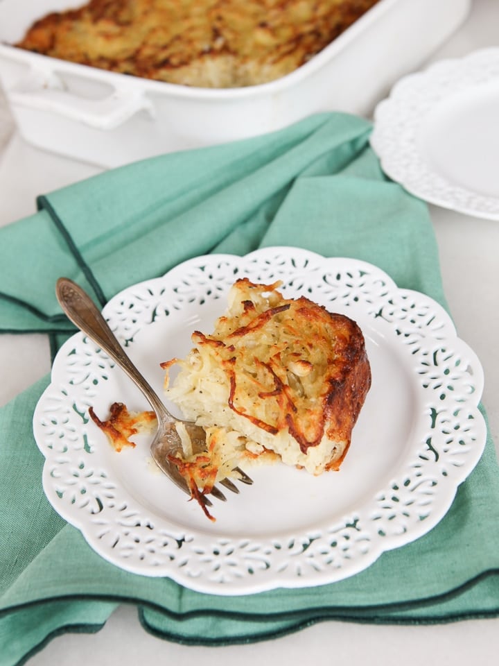 Passover Potato Kugel - Traditional Jewish Kugel with Potatoes, Onions and Eggs for the Passover Holiday.