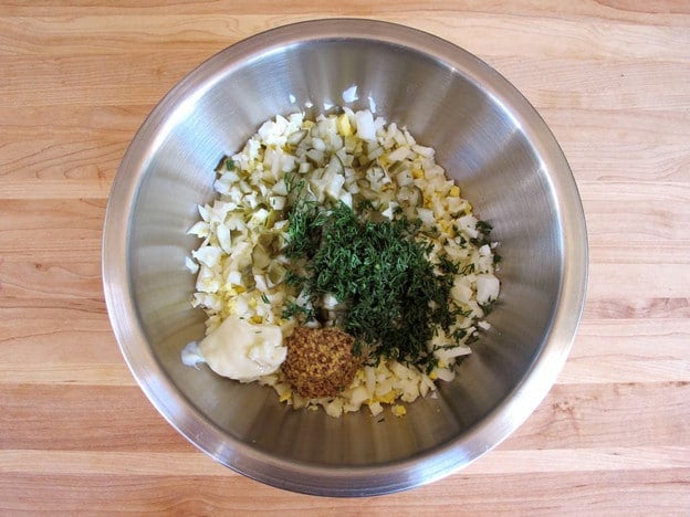 Mayo and seasonings in a mixing bowl to combine.
