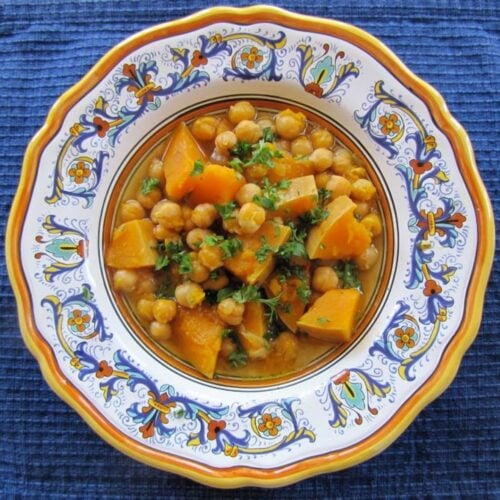 Butternut Squash Soup with Chickpeas - Healthy and savory soup with butternut squash, chickpeas, spices and a savory marrow bone broth. Sephardic family recipe. Kosher, Meat, Healthy.