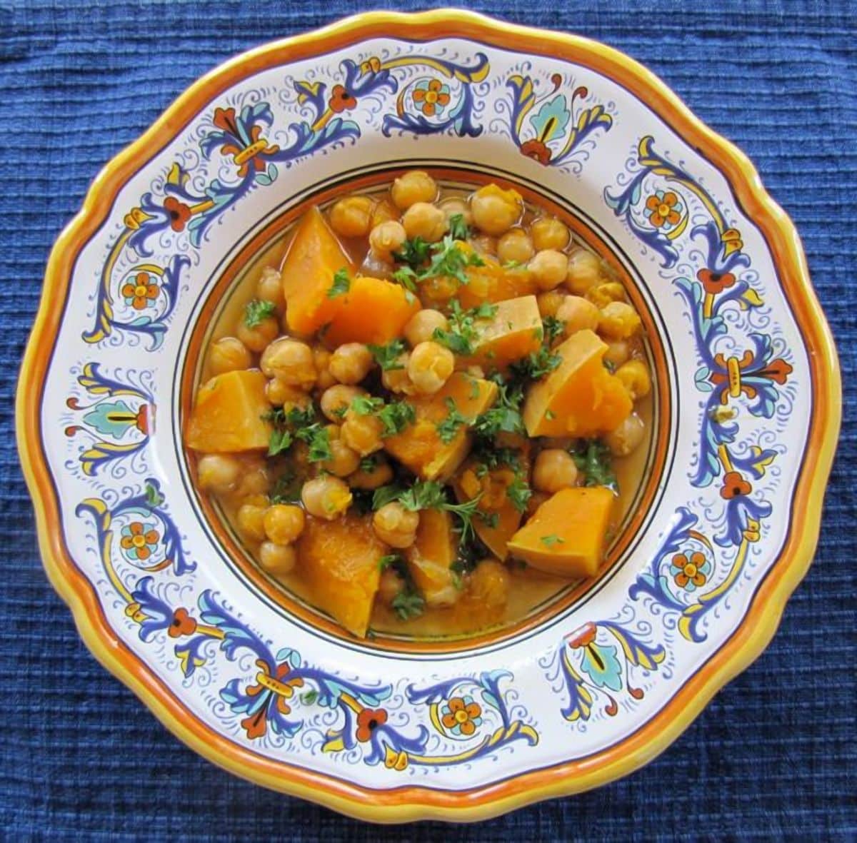 Butternut Squash Soup with Chickpeas - Healthy and savory soup with butternut squash, chickpeas, spices and a savory marrow bone broth. Sephardic family recipe. Kosher, Meat, Healthy.