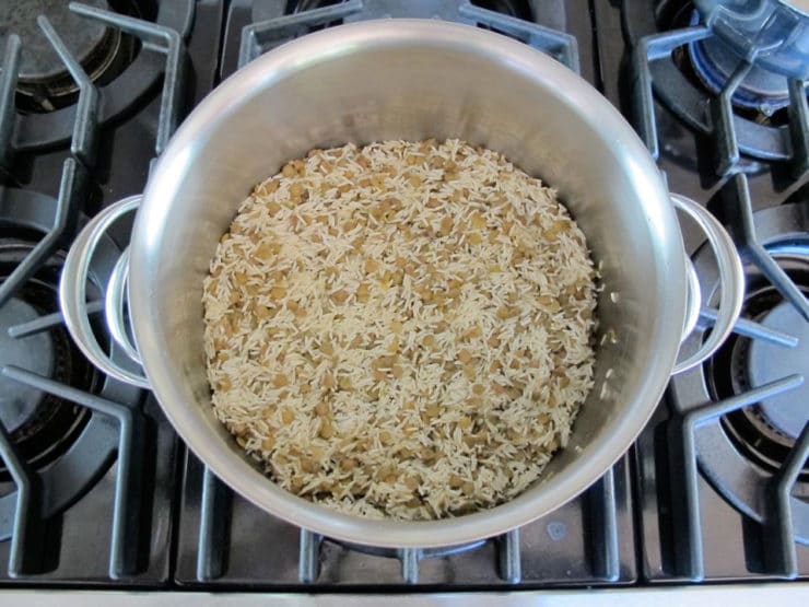 Rice and lentils in a saucepan.