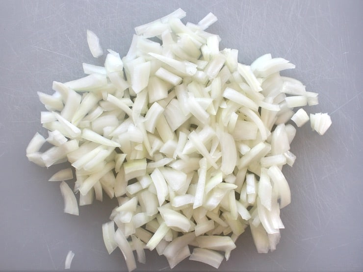 Raw onion slivers, quarter-inch pieces.