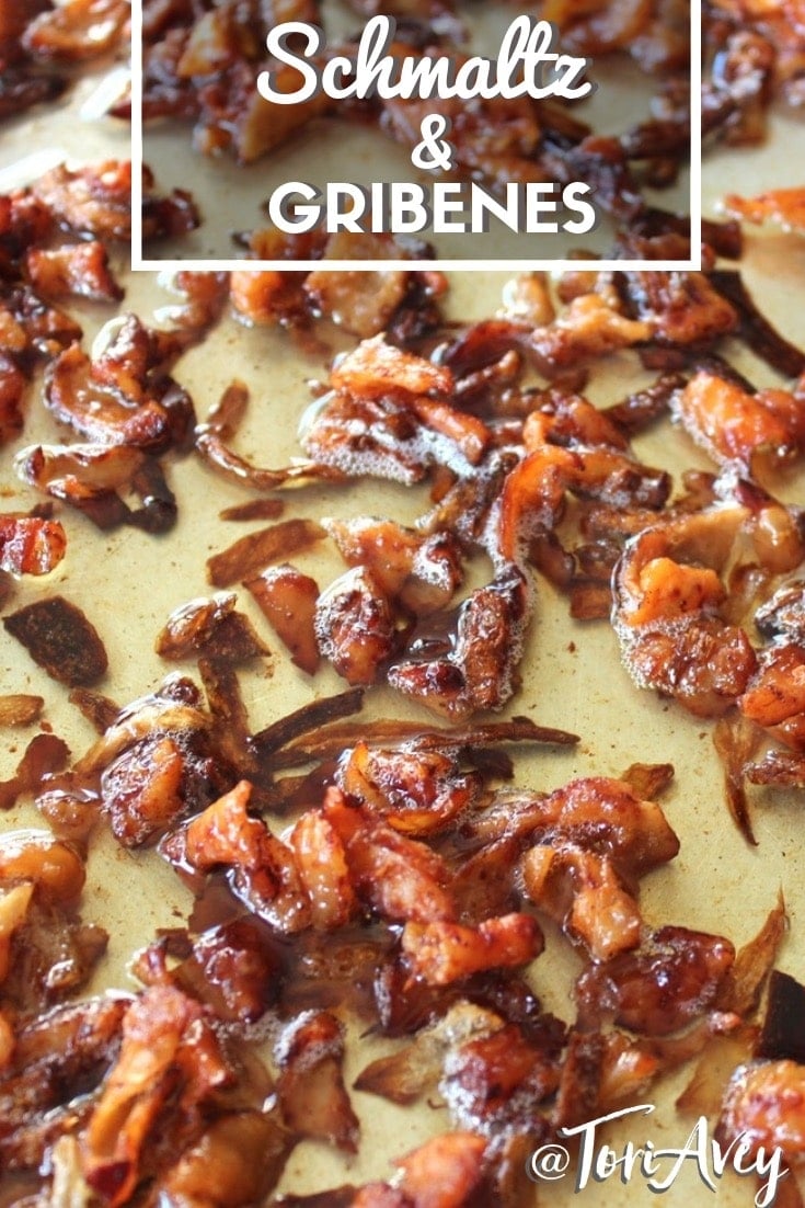 Schmaltz and Gribenes - How to render chicken fat and make crispy gribenes cracklings, a classic ingredient in traditional Jewish cooking. #schmaltz #gribenes #kosher #ashkenazi