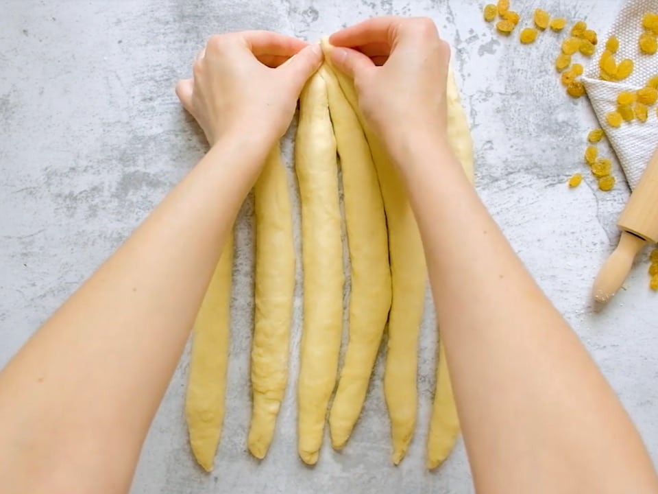 Overhead shot of two hands pinching the tops of 6 strands of challah dough together.