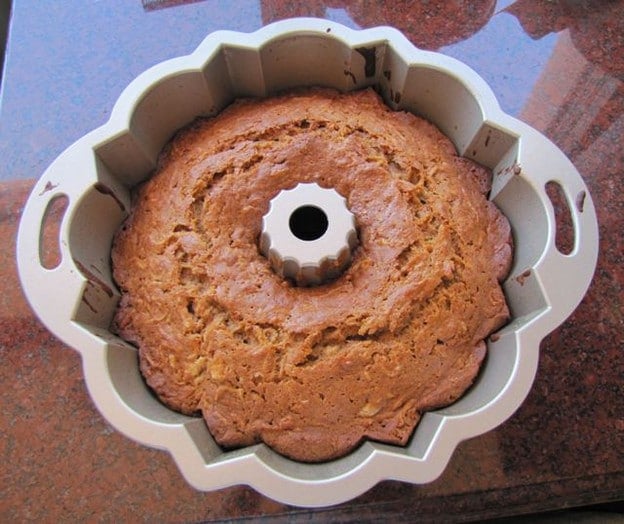 Baked cake in a bundt pan.