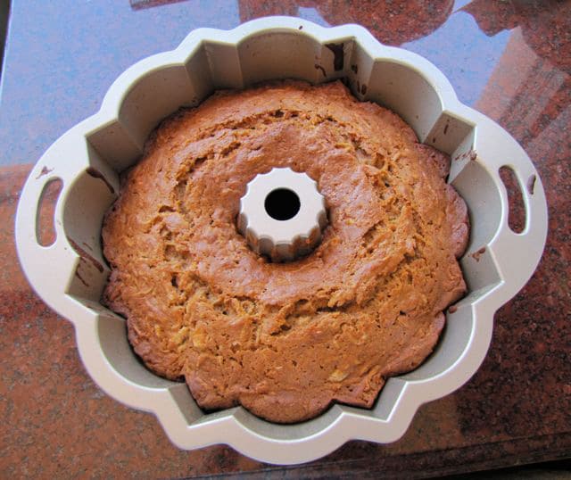 Baked cake in a bundt pan.