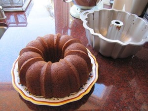 Cake removed from bundt pan to a plate.