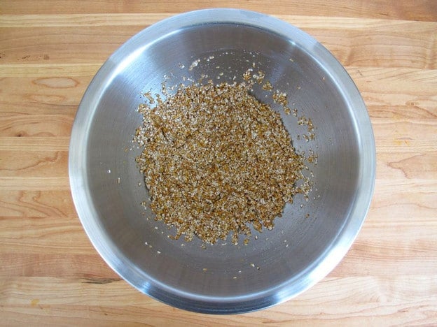 Kasha and egg mixed in a bowl.