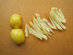 Preserved lemon peel cut in strips.