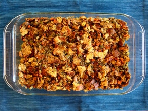Stuffing in a baking dish.