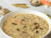 Mushroom risotto in a white bowl. A creamy rice dish with mushrooms served in a pristine white bowl