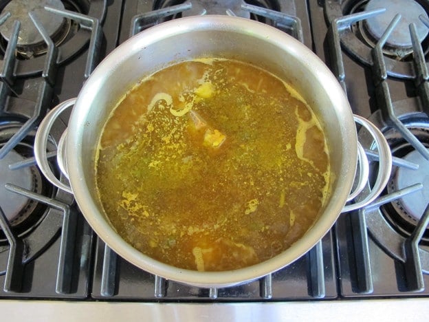 Soup simmering on the stove.
