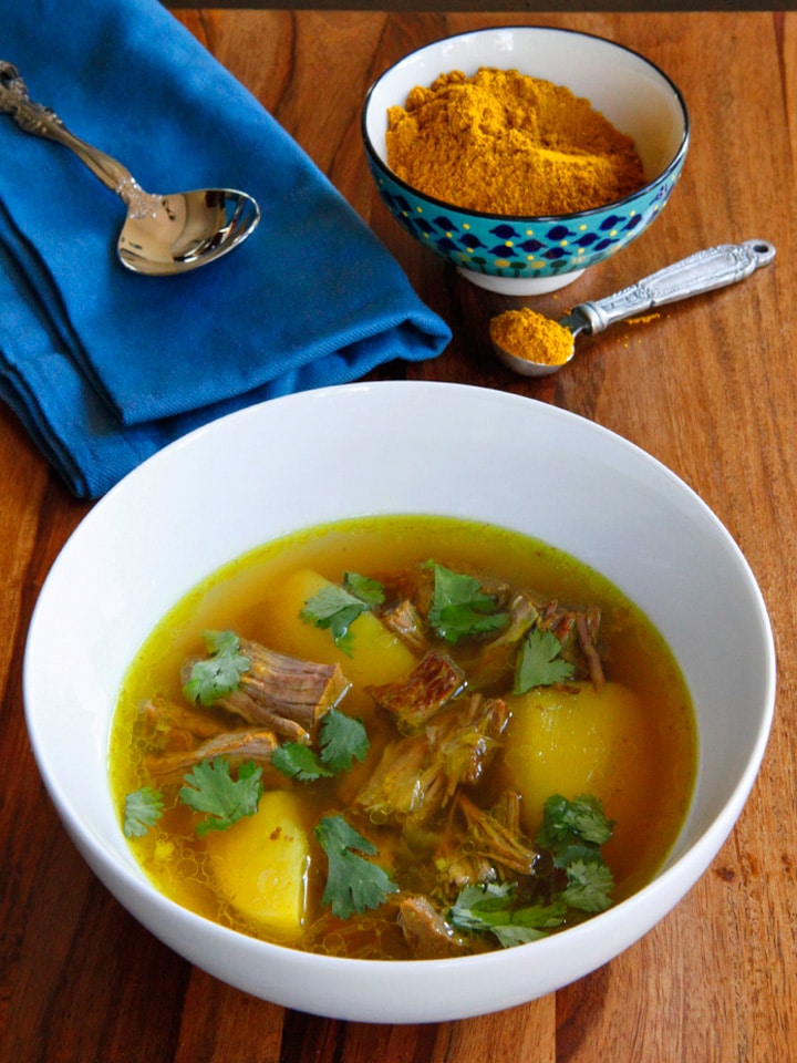 Yemenite Soup - Learn to make Yemenite Soup with chicken, beef or lamb and potatoes, spiced with traditional Yemenite hawayej spice blend. Healthy, hearty, comfort food.