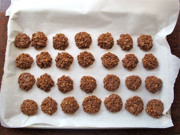No bake cookies on parchment to dry.