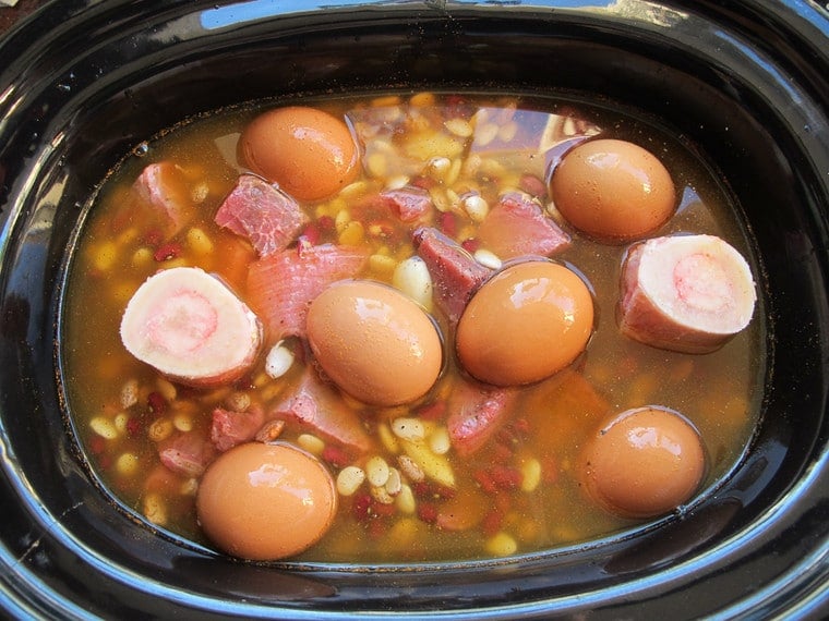 Cholent - Slow-cooked stew for Shabbat, also known as Chamin, Dafina, and Skhina. Easy Delicious Recipe on ToriAvey.com