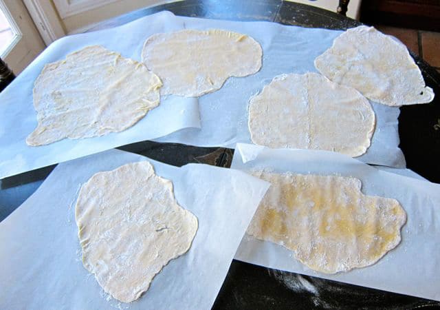 Rolled dough on parchment to dry.