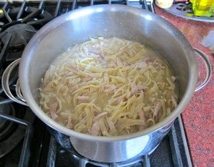 Cooking homemade noodles in broth.