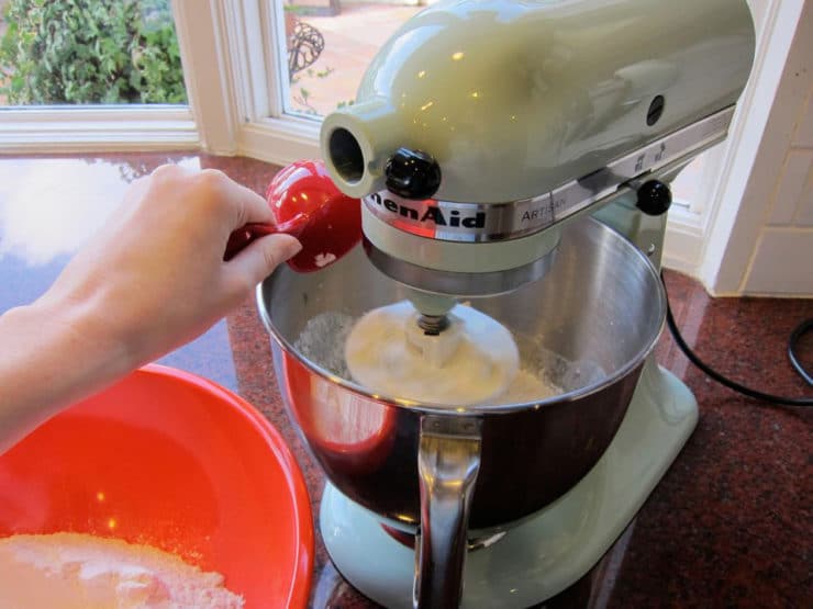 Cookie dough batter in the stand mixer.