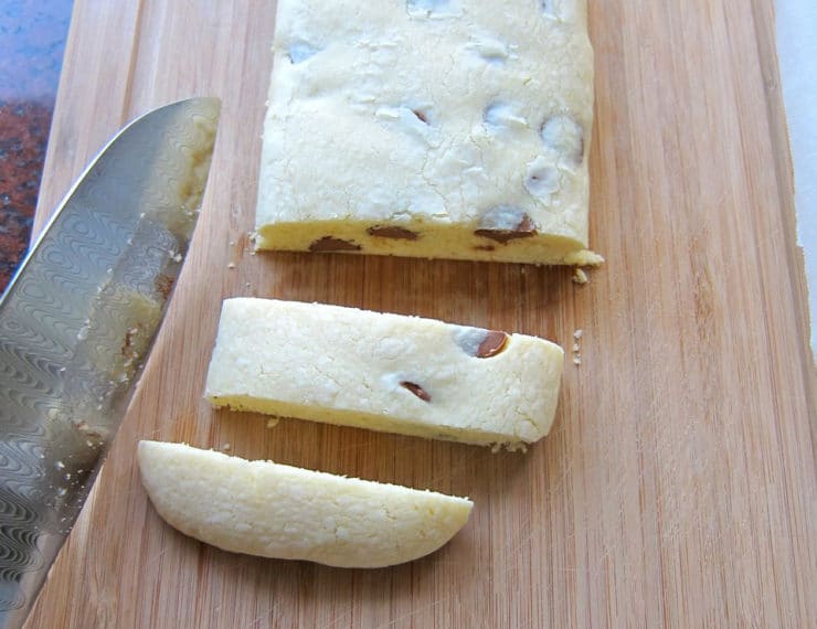 Slicing once baked mandel bread.