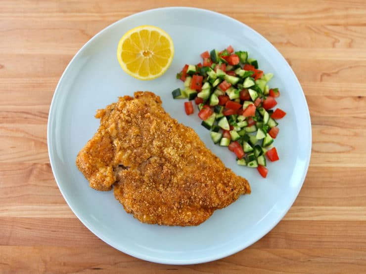 Passover Chicken Schnitzel - Recipe for crispy golden fried Chicken Schnitzel chicken breasts using matzo meal and seasonings. KFP, Kosher for Passover/Pesach, meat.