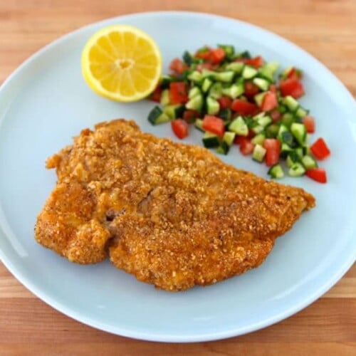 Passover Chicken Schnitzel - Recipe for crispy golden fried Chicken Schnitzel chicken breasts using matzo meal and seasonings. KFP, Kosher for Passover/Pesach, meat.