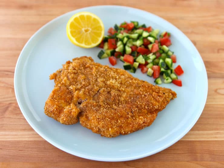 Passover Chicken Schnitzel - Recipe for crispy golden fried Chicken Schnitzel chicken breasts using matzo meal and seasonings. KFP, Kosher for Passover/Pesach, meat.