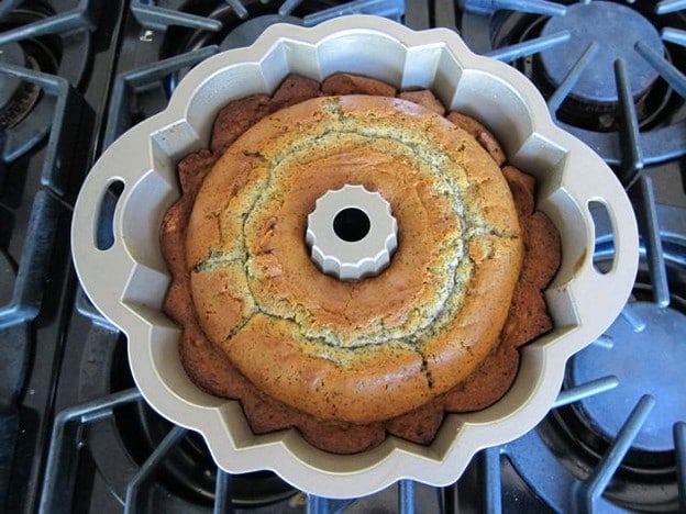 Baked cake in bundt pan.