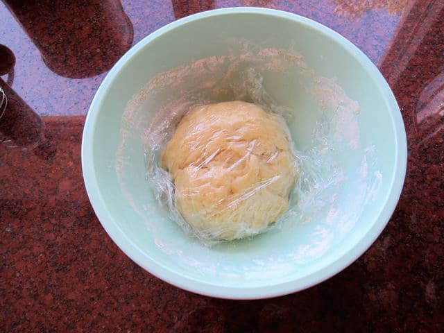 Dough ball in a mixing bowl.