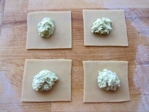 Filling placed on four dough squares.