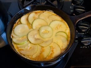 Pour egg mixture into skillet over apple rounds.