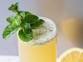 Over head close up shot - yellow lemon cocktail in a tall glass garnished with a sprig of fresh mint.