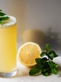 Horizontal shot of lemon cocktail in a tall glass, garnished with a sprig of fresh mint. A sliced lemon and another sprig of mint sit off to the right side.