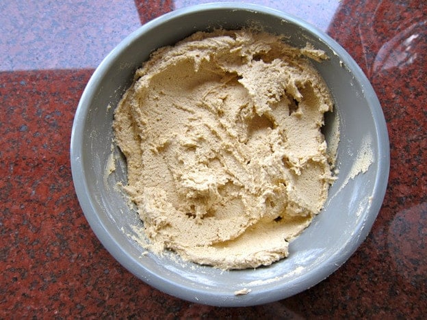 Matzo meal mixed into butter mixture.