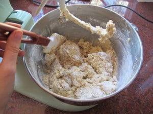 Adding dry ingredients to stand mixer until a dough forms.
