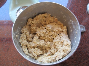 Pliable cookie dough in a mixer bowl.
