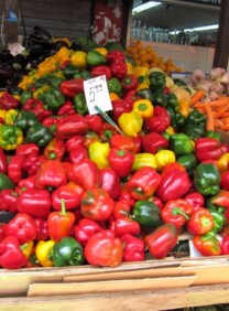 A pile of bell peppers for sale at the Carmel Market