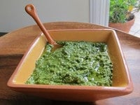 A vibrant fresh basil pesto green sauce made with basil and pine nuts