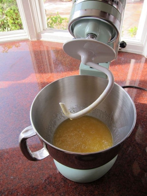 All liquid cookie ingredients in a stand mixer.