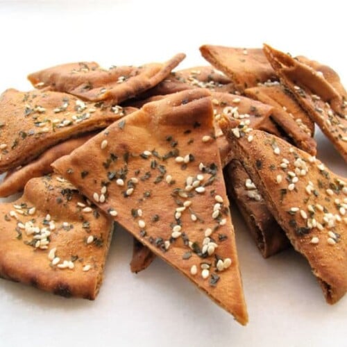 Close-up of Baked Pita Chips sprinkled with black and white sesame seeds