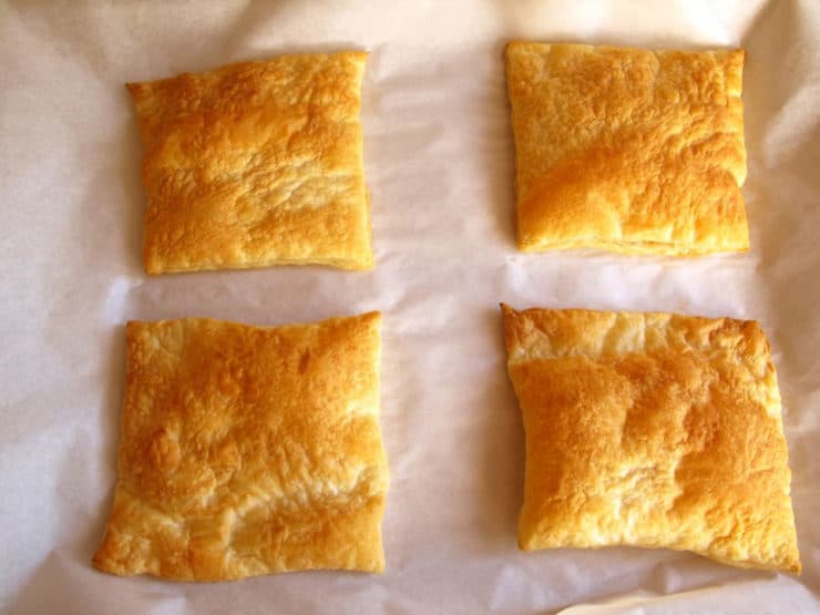 Browned puff pastry rectangles.