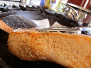 Brown crust on salmon fillets.