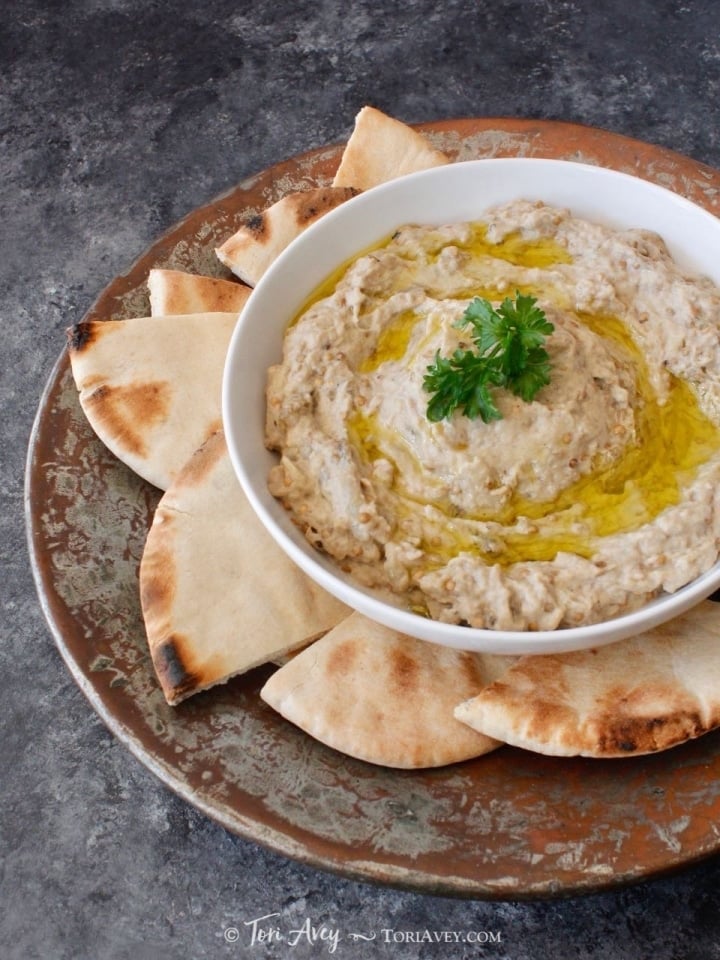 Baba ghanoush or Abagannuc; burnt eggplant salad with lemon, olive oil