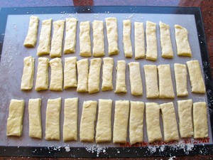 Dough cut into short rectangles.