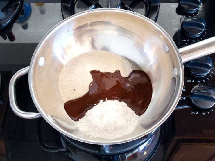 Chocolate icebox pie filling in a saucepan.