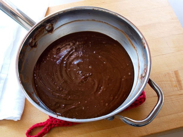 Chocolate pie filling in a saucepan.